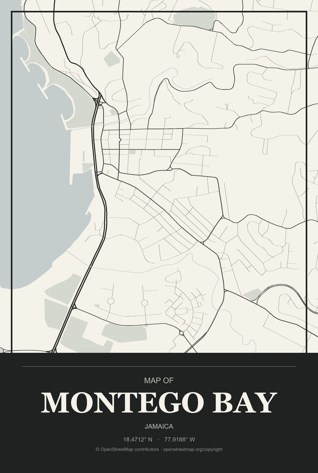 Montego Bay, Jamaica City Map Aluminum Sign in Museum Plaque style