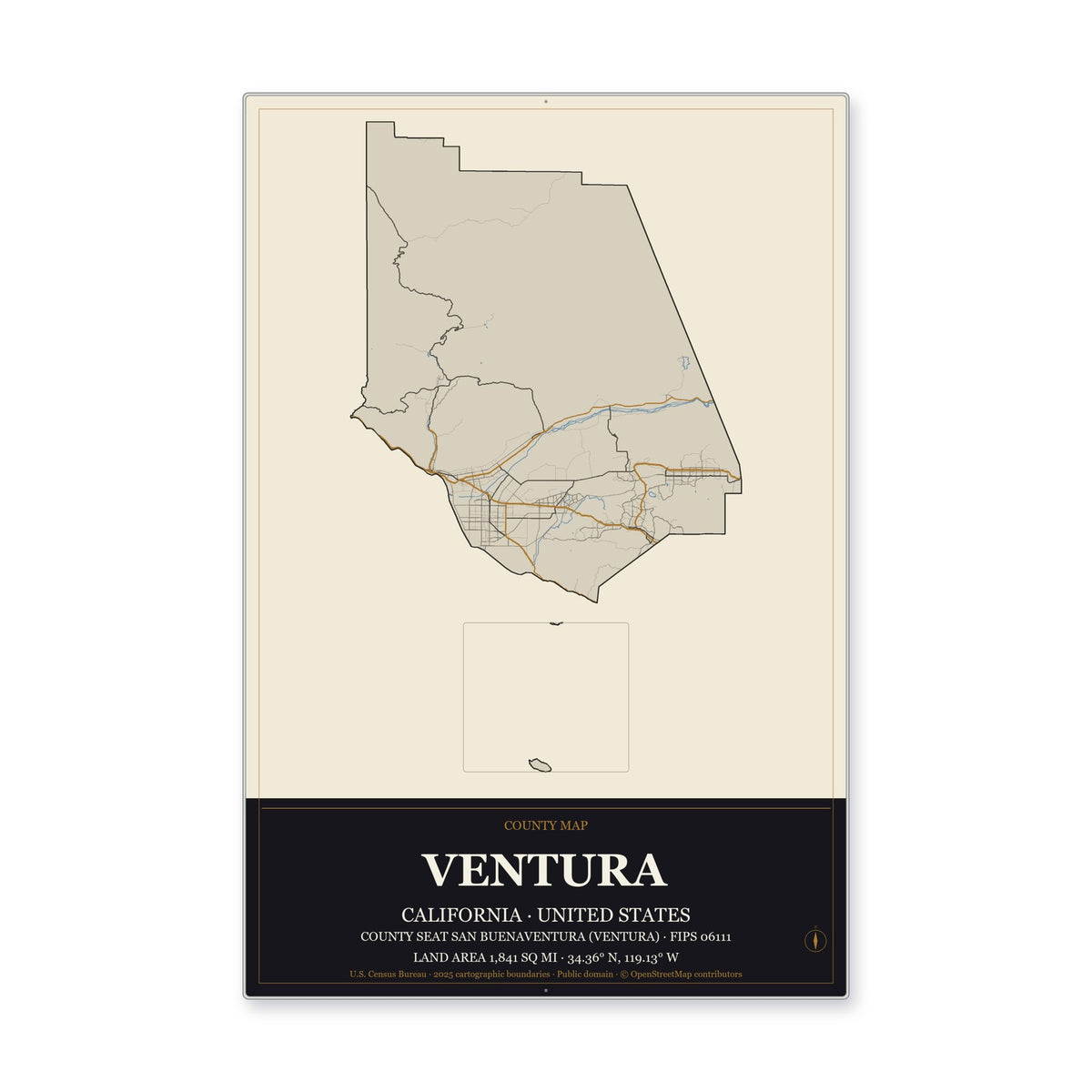 Ventura County, California Map Aluminum Sign in Museum Plaque style
