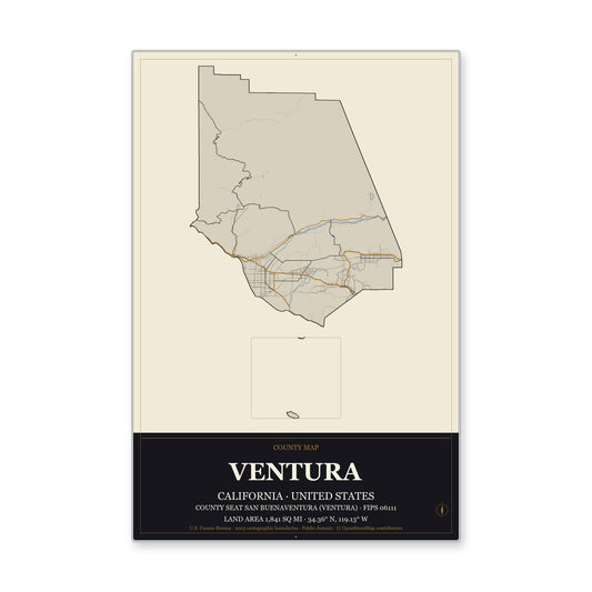 Ventura County, California Map Aluminum Sign in Museum Plaque style