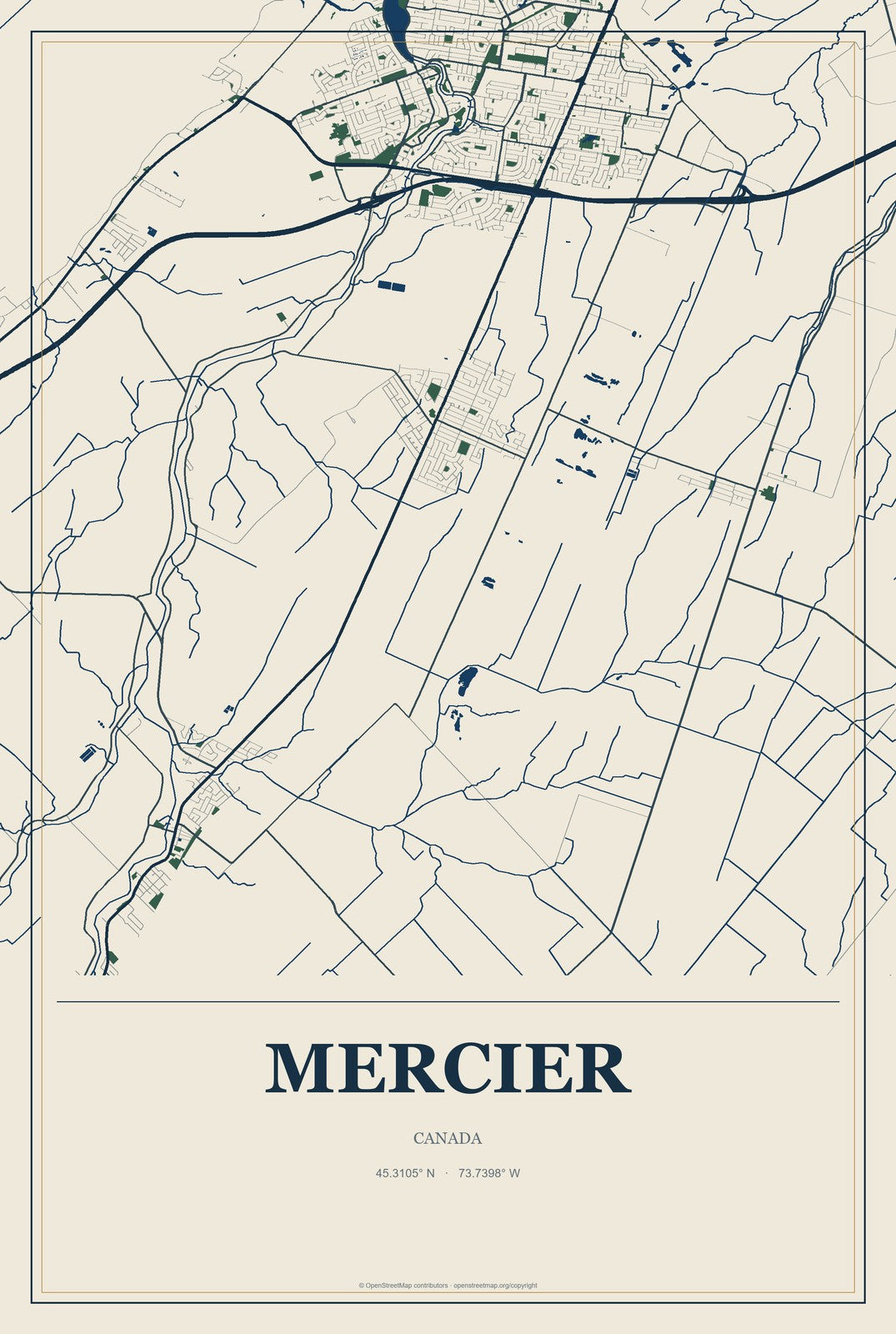 Mercier, Canada City Map Aluminum Sign in Coastal Cutout style