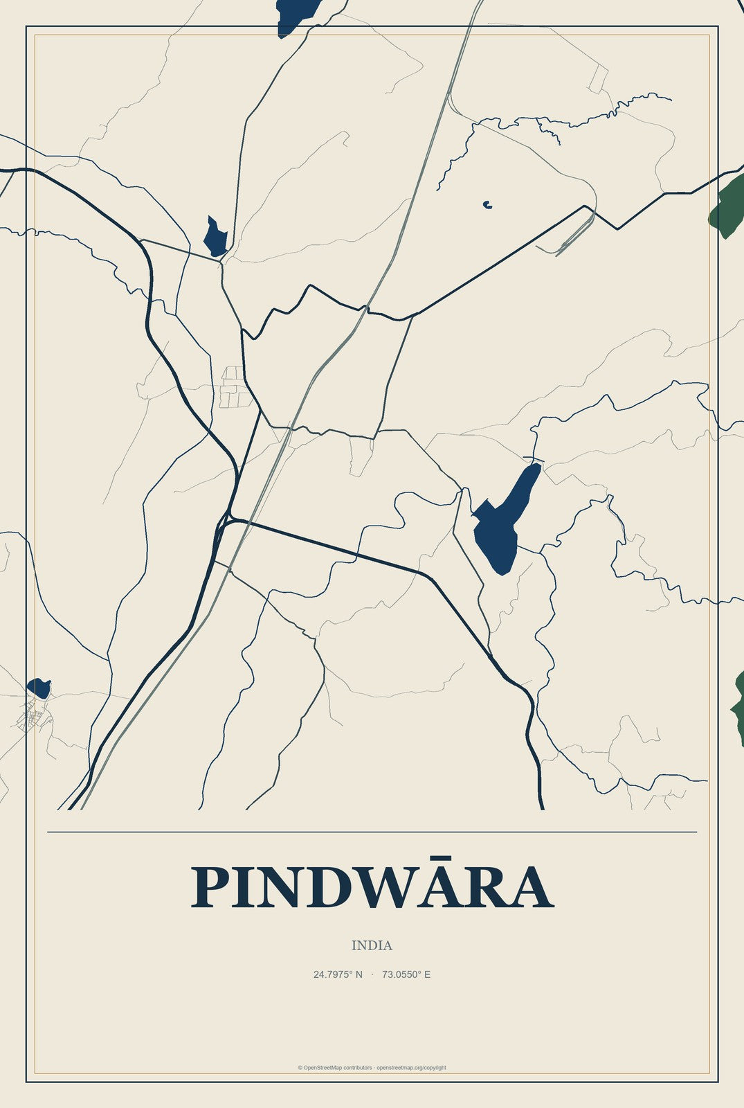Pindwāra, India City Map Aluminum Sign in Coastal Cutout style