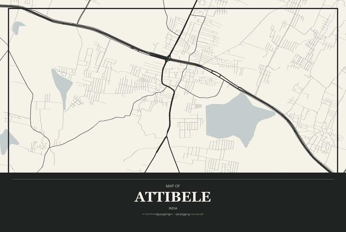 Attibele, India City Map Aluminum Sign in Museum Plaque style