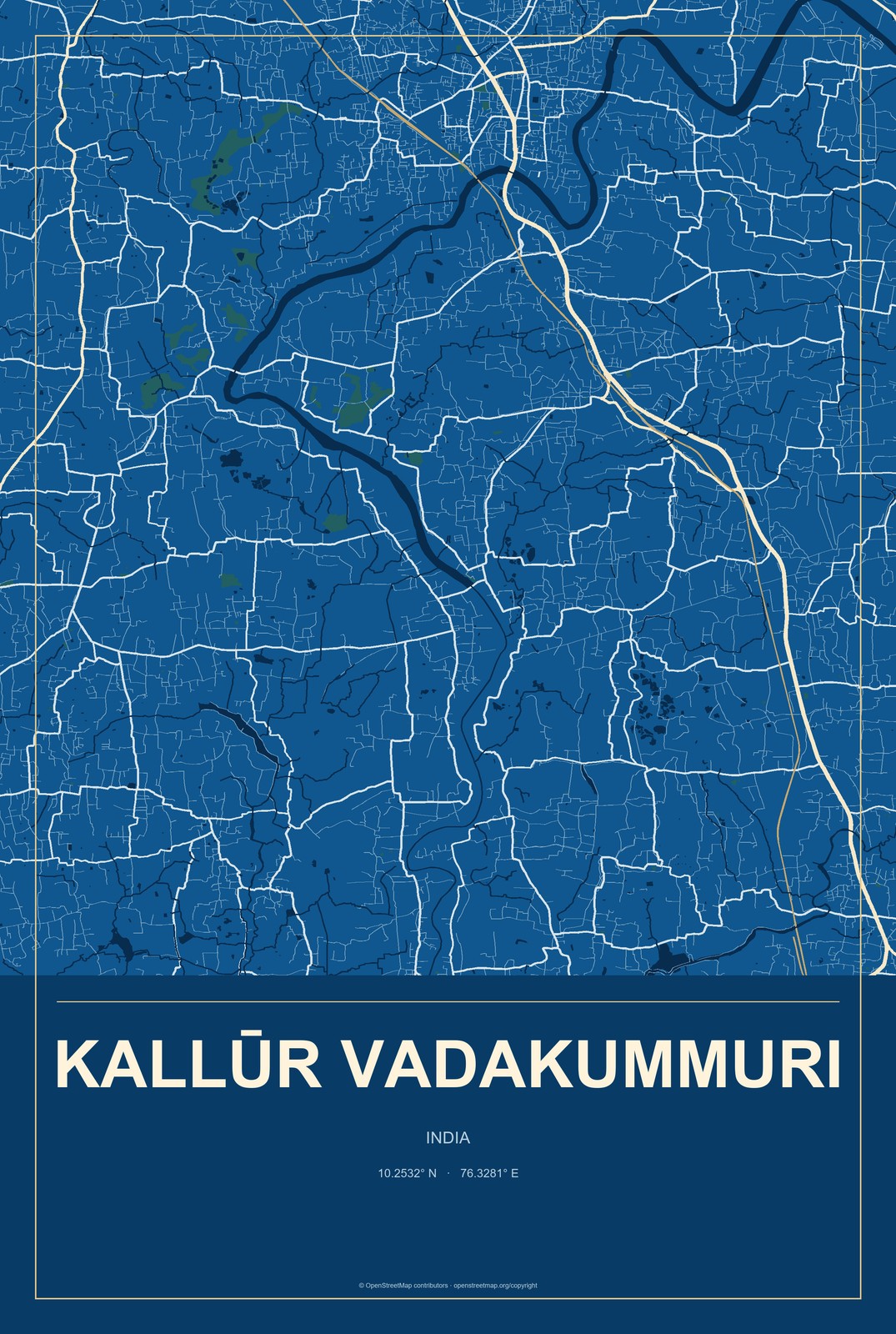 Kallūr Vadakummuri, India City Map Aluminum Sign in Harbor Cobalt style