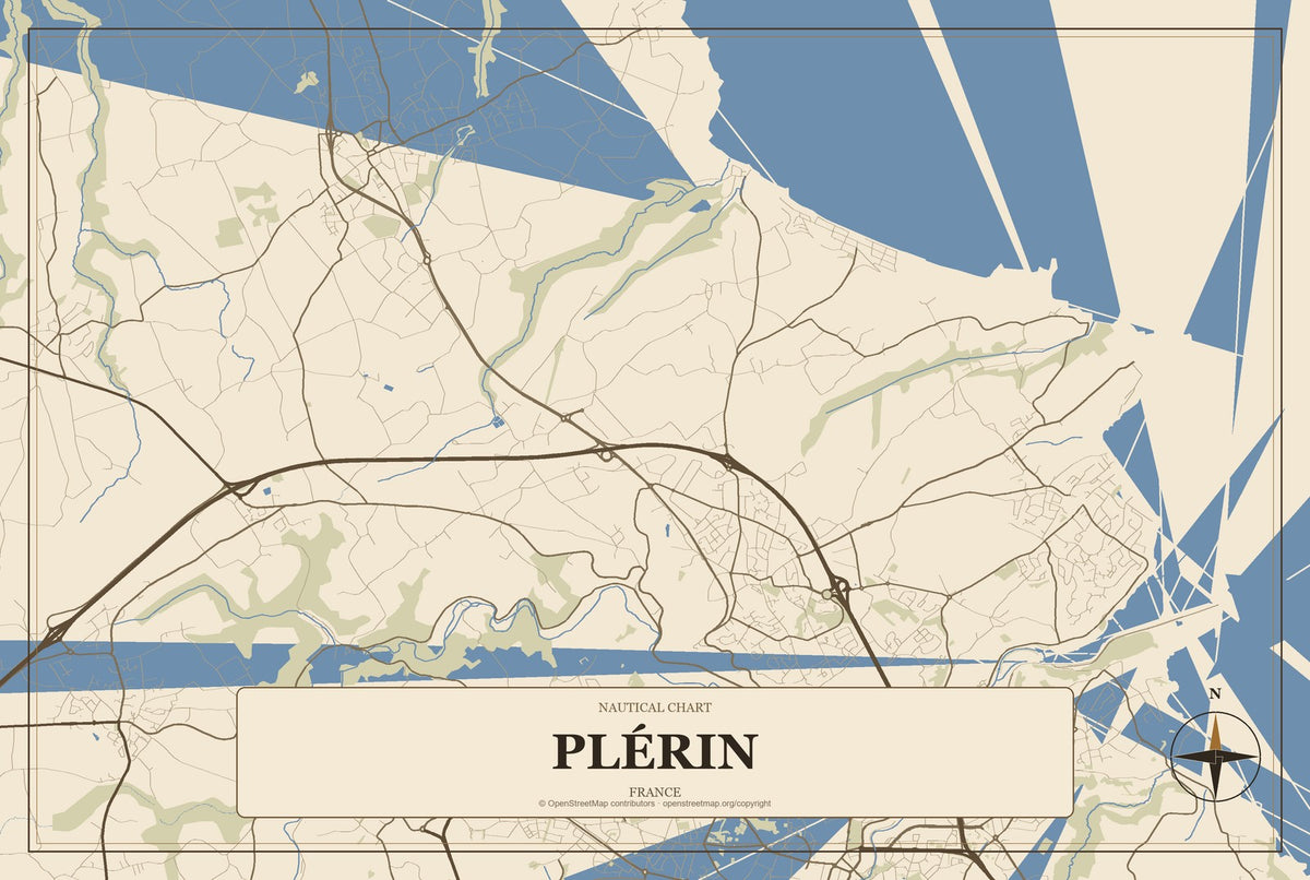 Plérin, France City Map Aluminum Sign in Heritage Nautical style