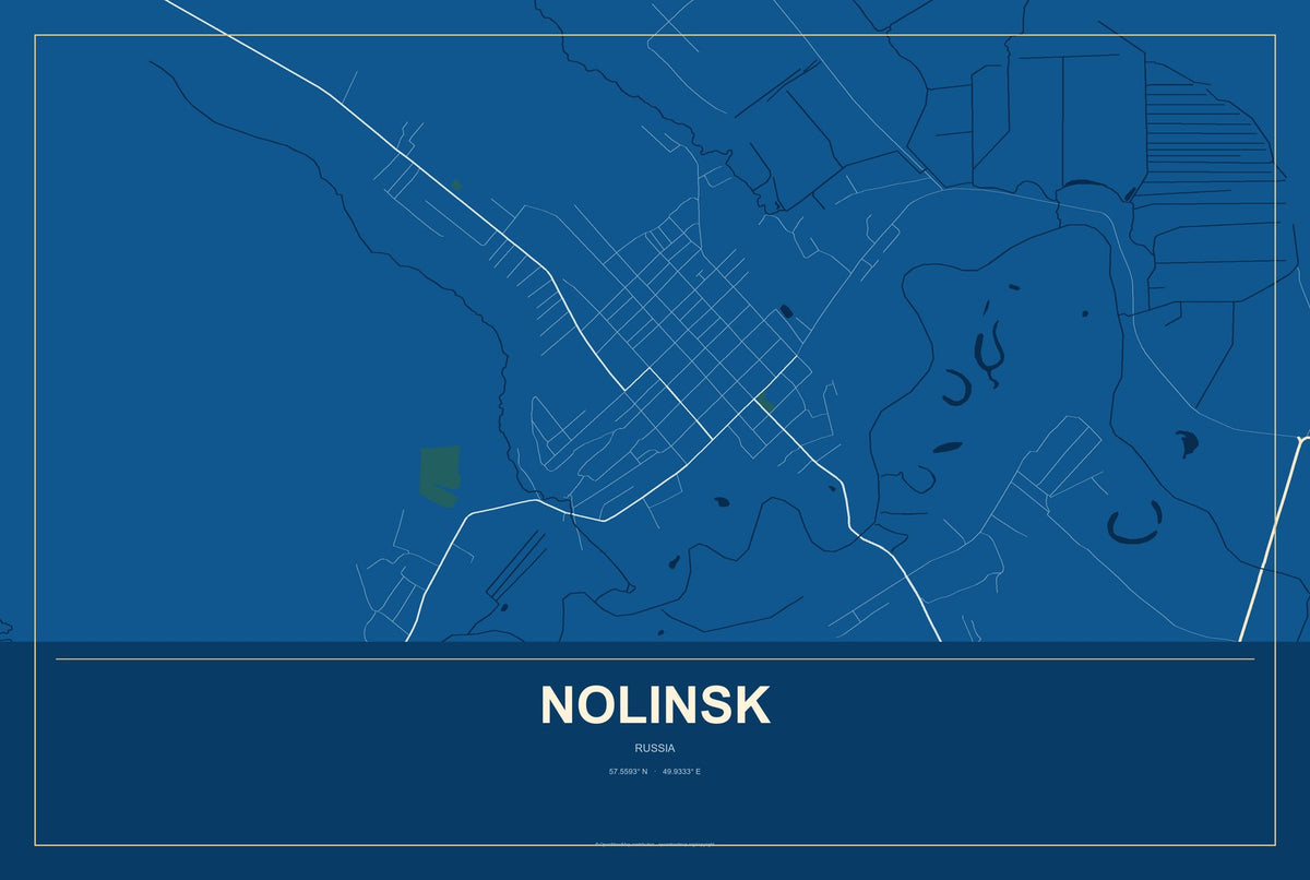 Nolinsk, Russia City Map Aluminum Sign in Harbor Cobalt style