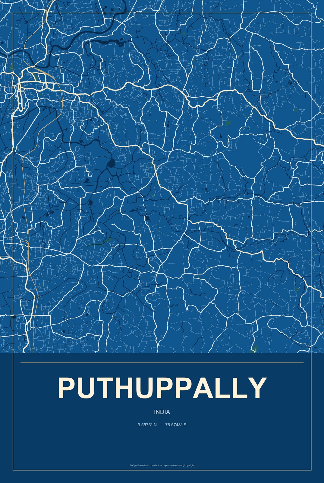 Puthuppally, India City Map Aluminum Sign in Harbor Cobalt style