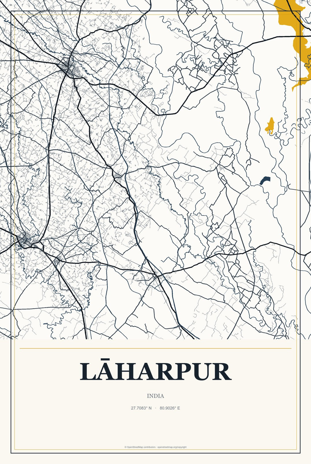 Lāharpur, India City Map Aluminum Sign in Citrine Modern style