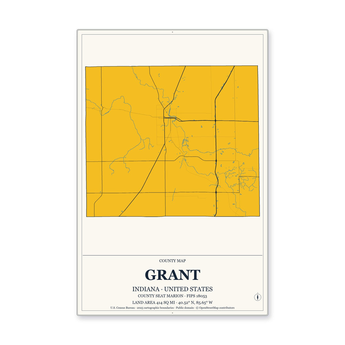 Grant County, Indiana Map Aluminum Sign in Citrine Modern style