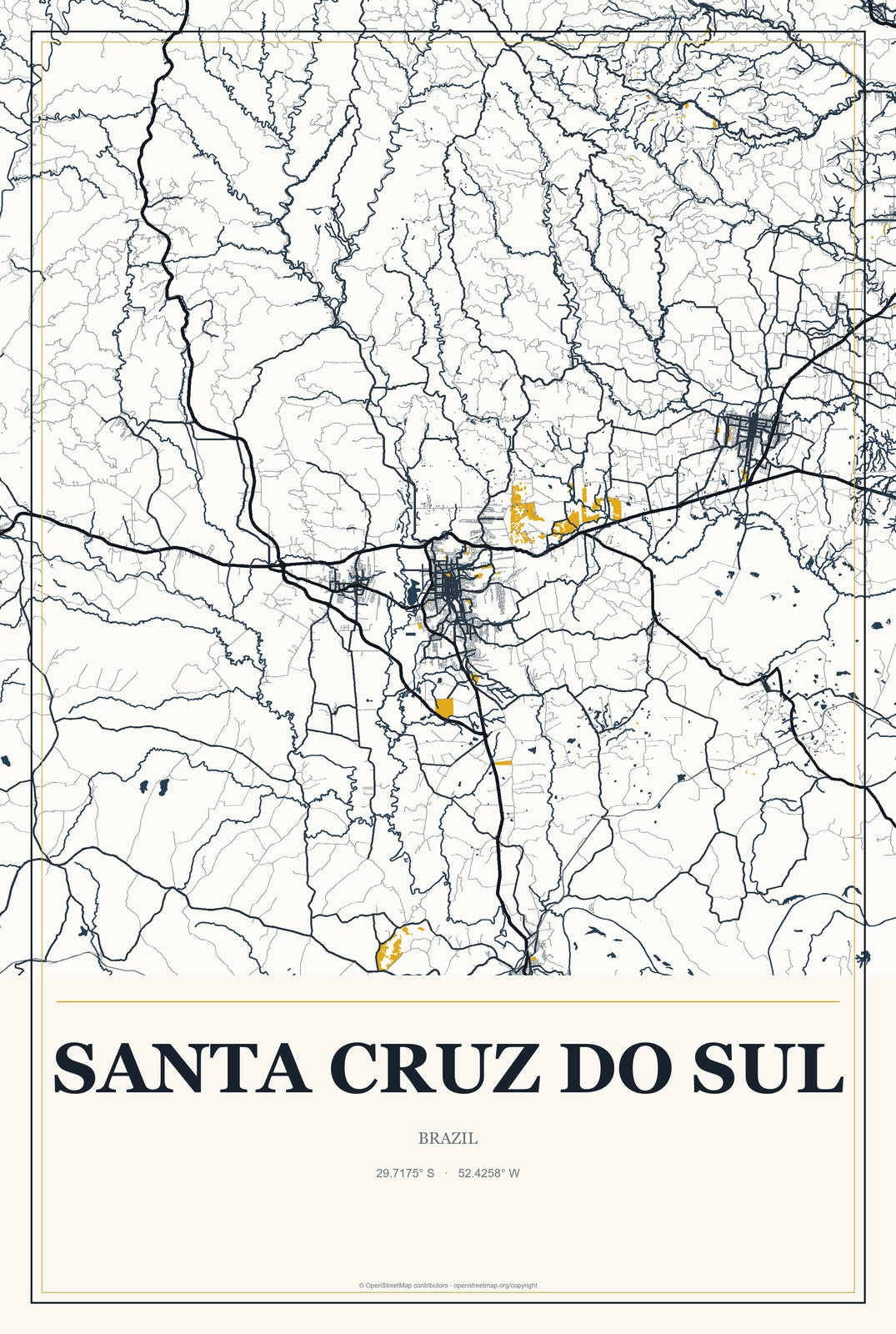 Santa Cruz do Sul, Brazil City Map Aluminum Sign in Citrine Modern style