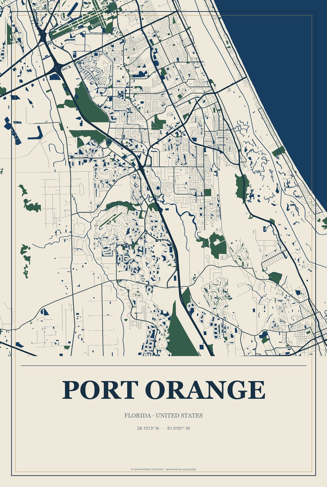 Port Orange, Florida City Map Aluminum Sign in Coastal Cutout style