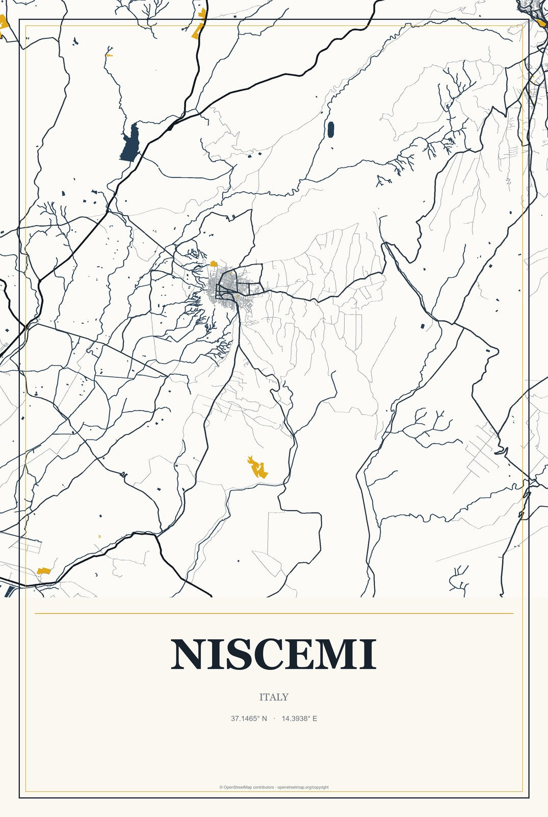 Niscemi, Italy City Map Aluminum Sign in Citrine Modern style