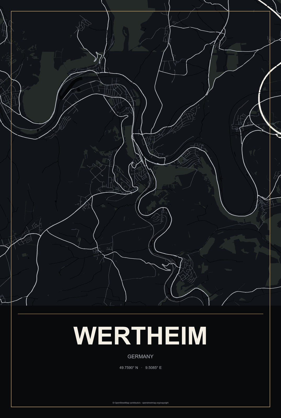 Wertheim, Germany City Map Aluminum Sign in Metropolitan Noir style