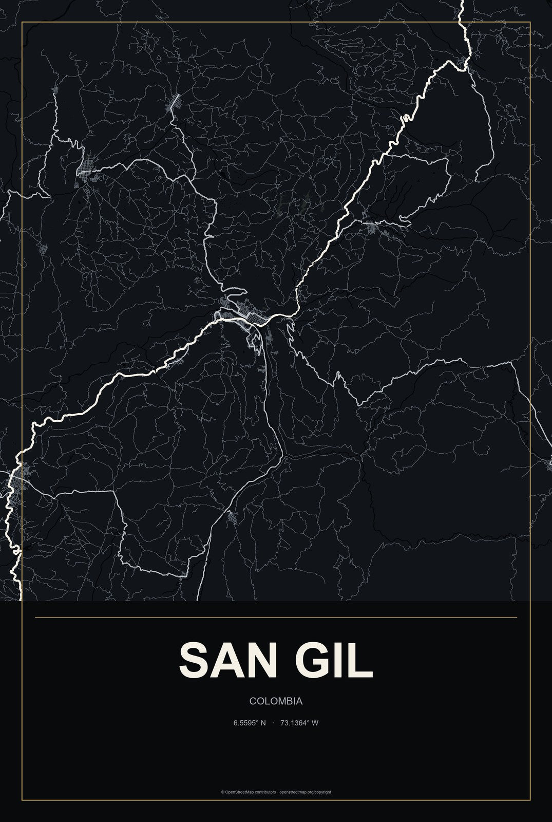 San Gil, Colombia City Map Aluminum Sign in Metropolitan Noir style