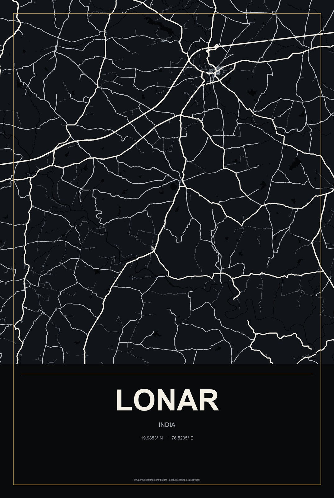 Lonar, India City Map Aluminum Sign in Metropolitan Noir style
