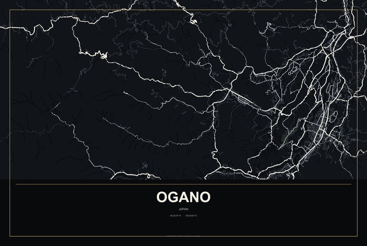 Ogano, Japan City Map Aluminum Sign in Metropolitan Noir style
