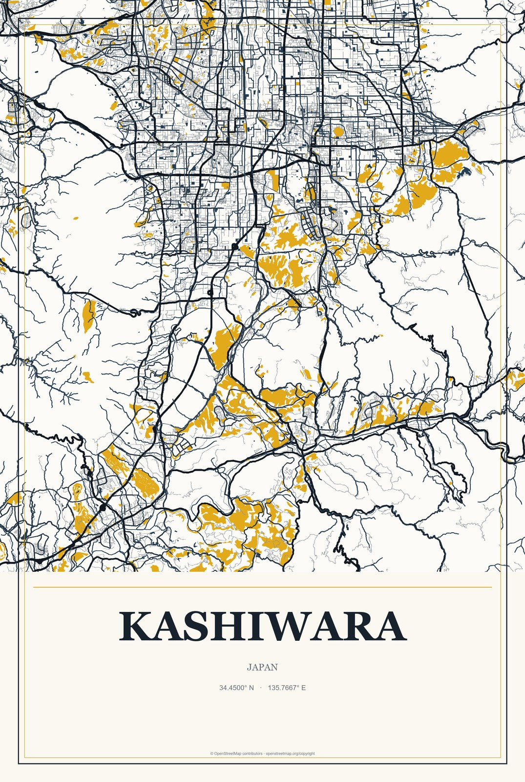 Kashiwara, Japan City Map Aluminum Sign in Citrine Modern style