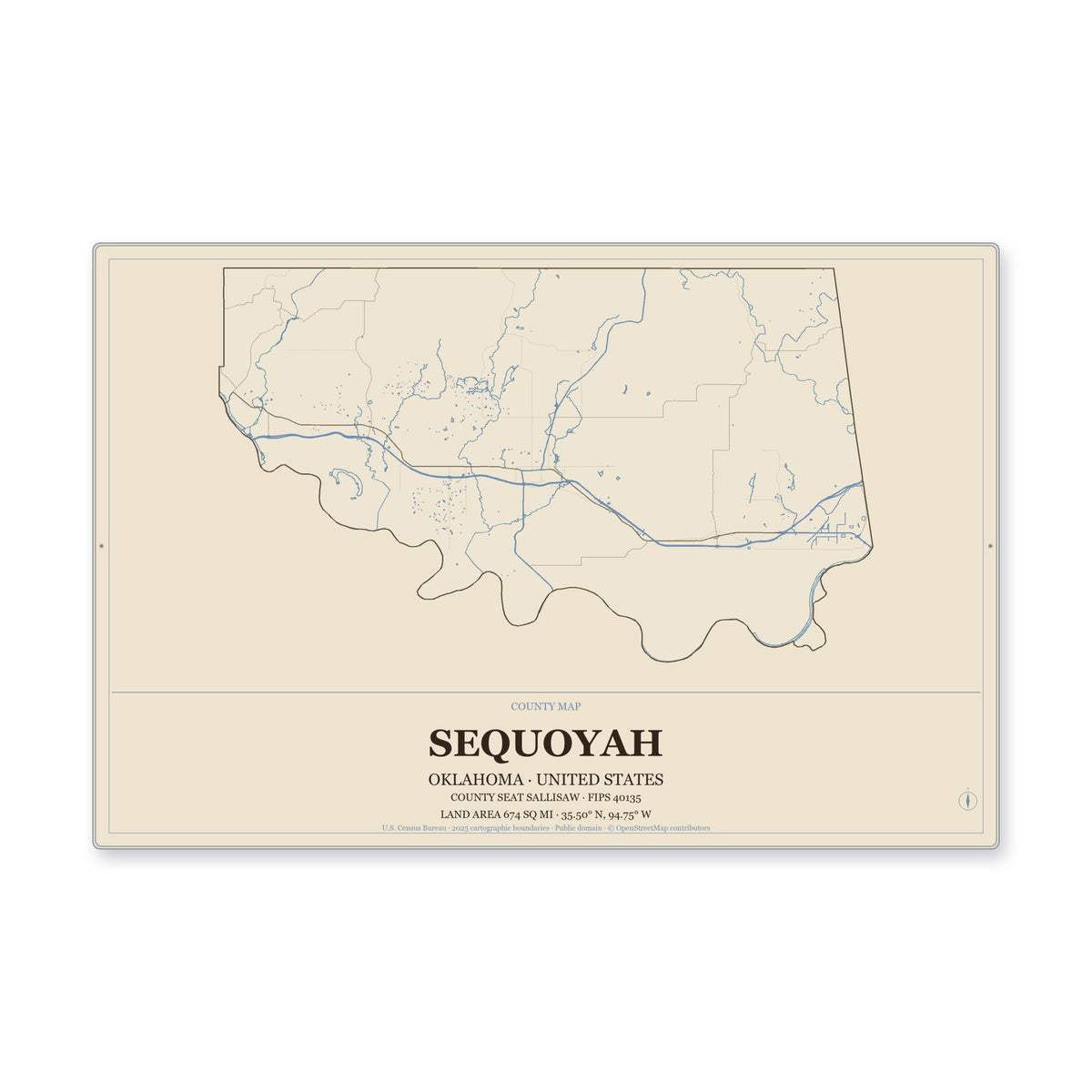 Sequoyah County, Oklahoma Map Aluminum Sign in Heritage Nautical style