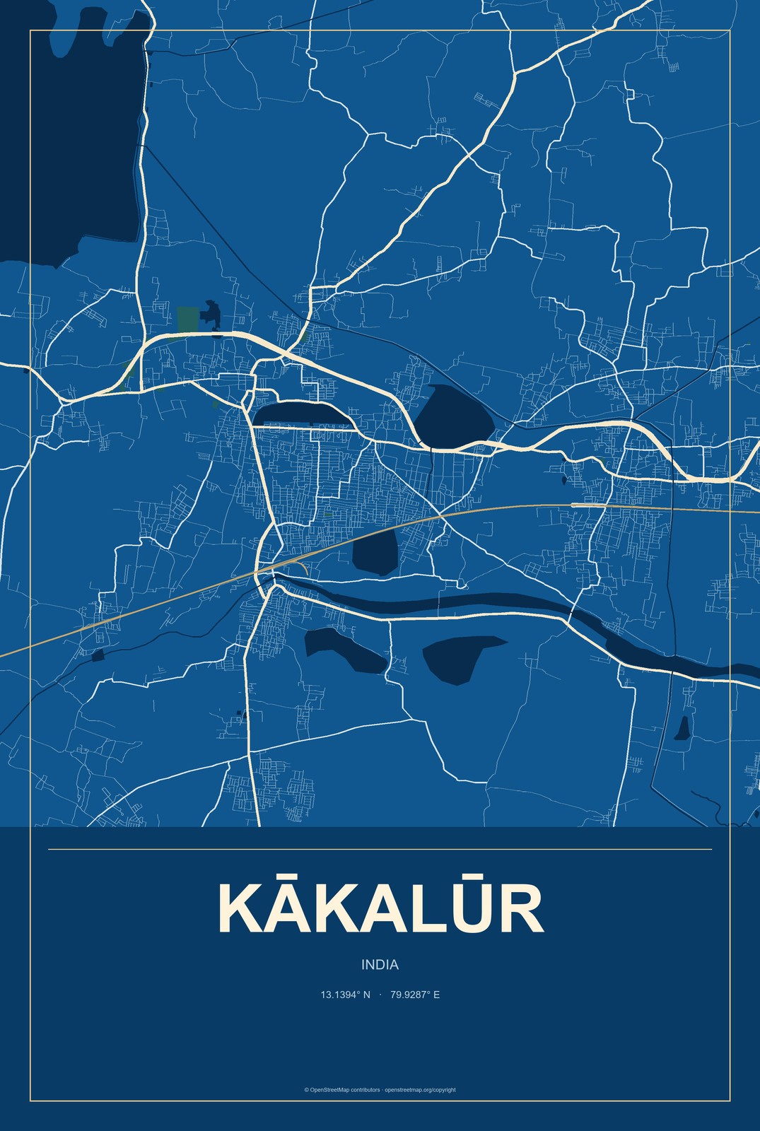 Kākalūr, India City Map Aluminum Sign in Harbor Cobalt style