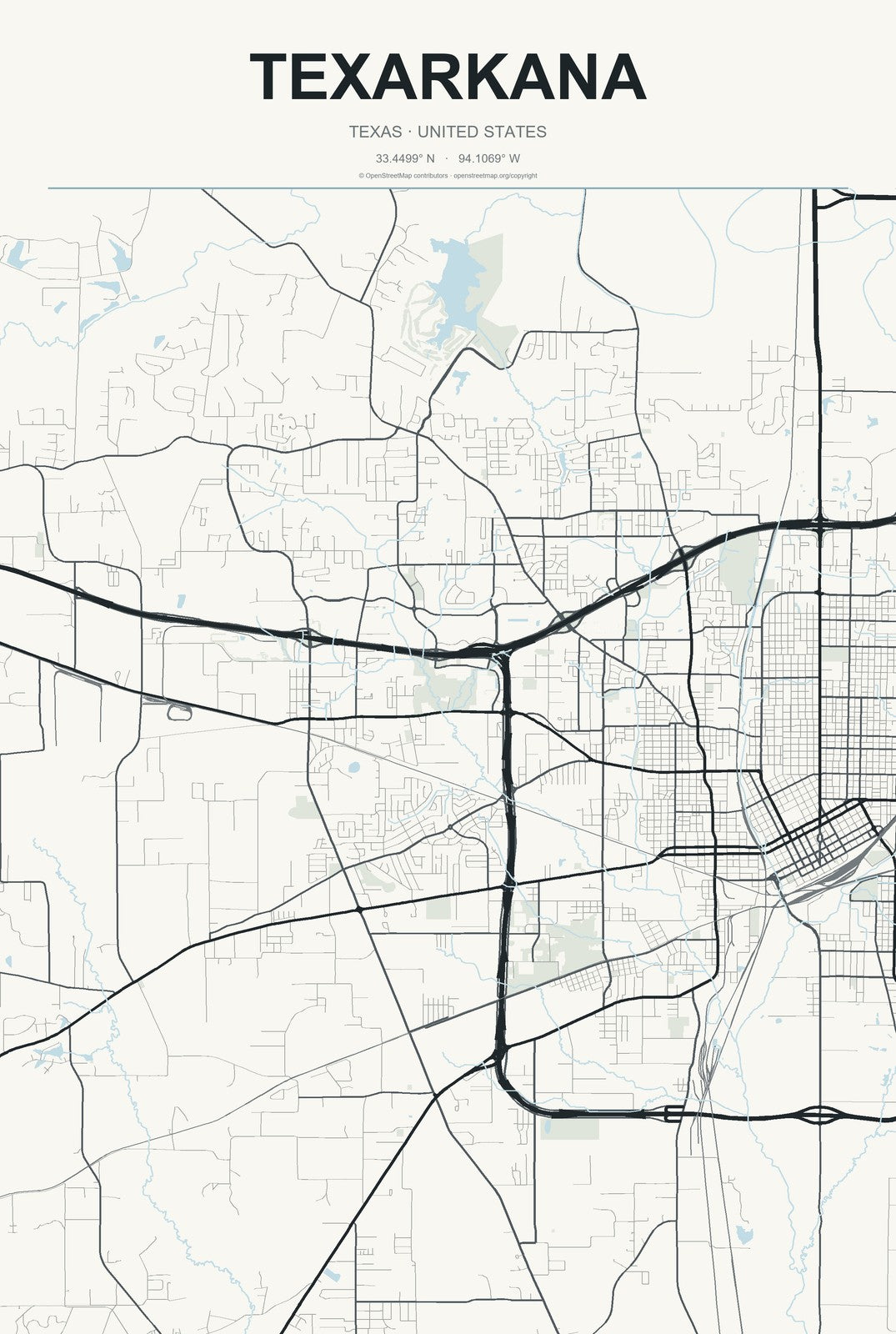 Texarkana, Texas City Map Aluminum Sign in Headline Atlas style