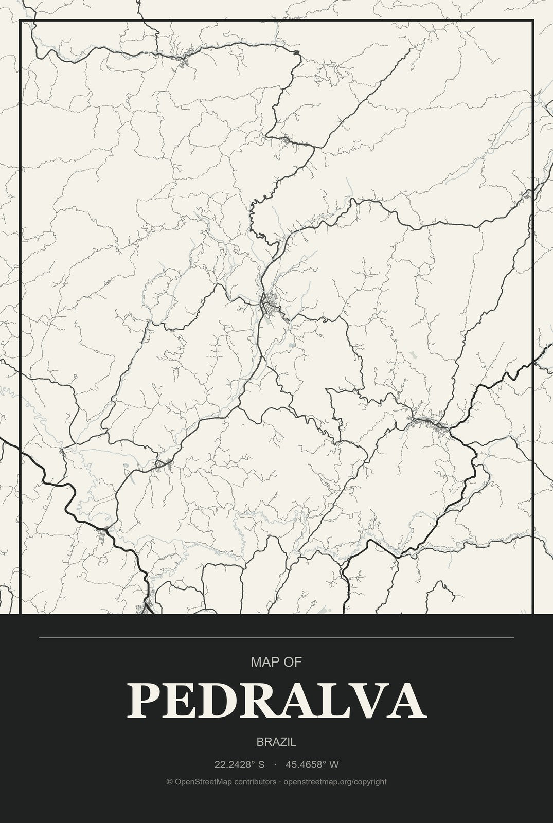 Pedralva, Brazil City Map Aluminum Sign in Museum Plaque style