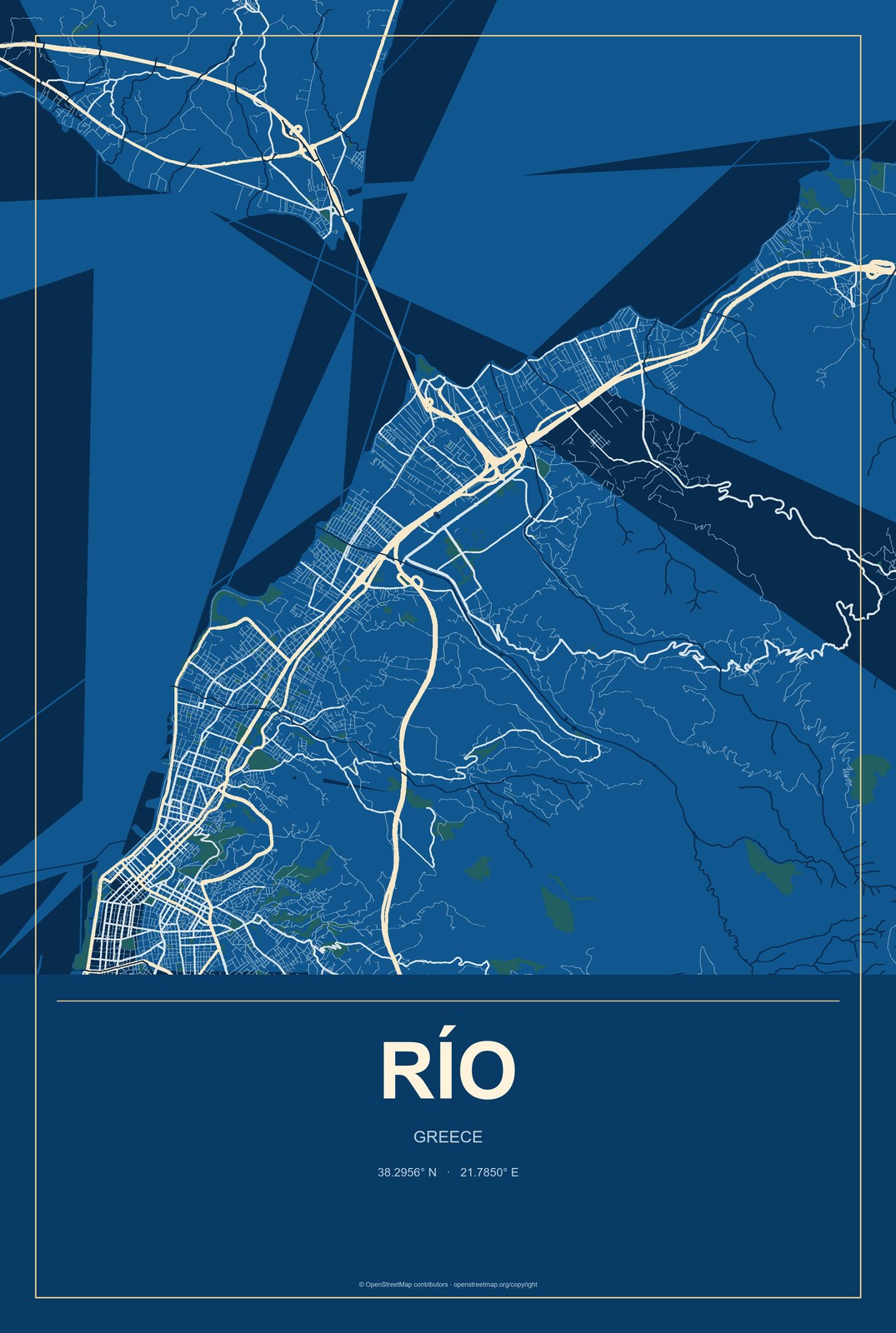 Río, Greece City Map Aluminum Sign in Harbor Cobalt style