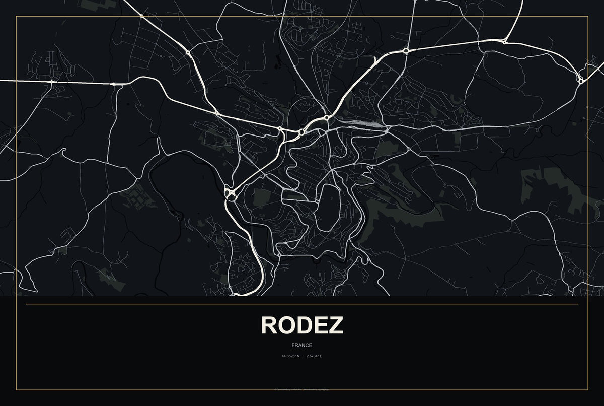 Rodez, France City Map Aluminum Sign in Metropolitan Noir style