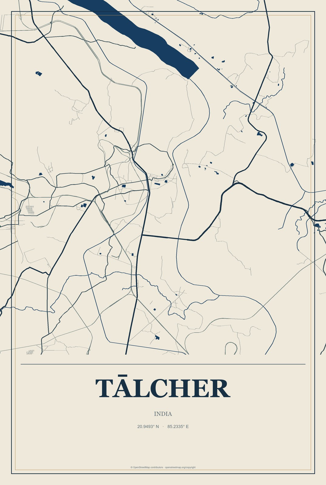 Tālcher, India City Map Aluminum Sign in Coastal Cutout style