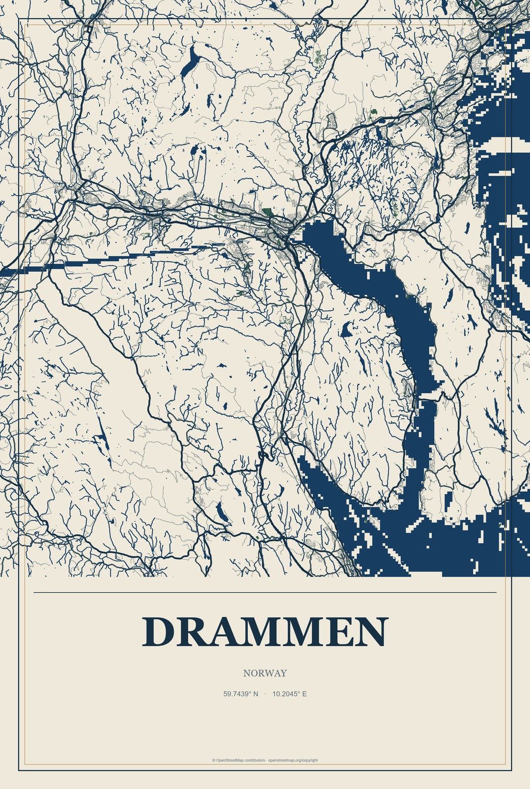 Drammen, Norway City Map Aluminum Sign in Coastal Cutout style