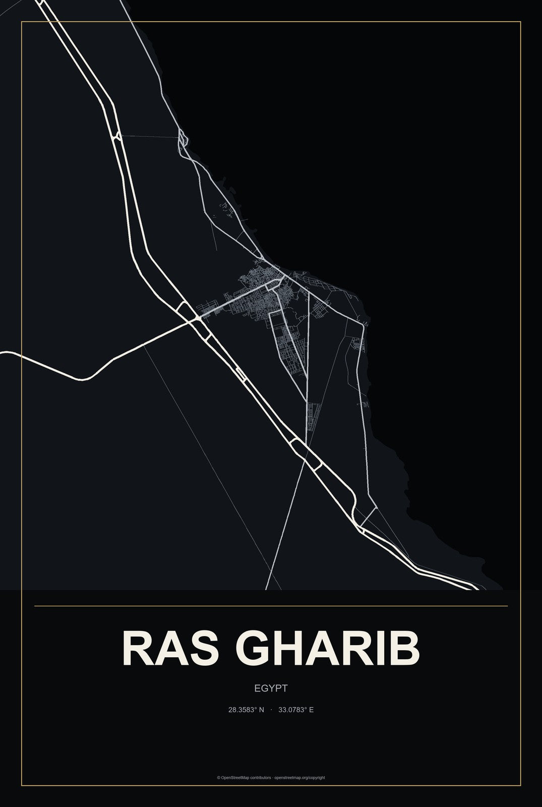 Ras Gharib, Egypt City Map Aluminum Sign in Metropolitan Noir style