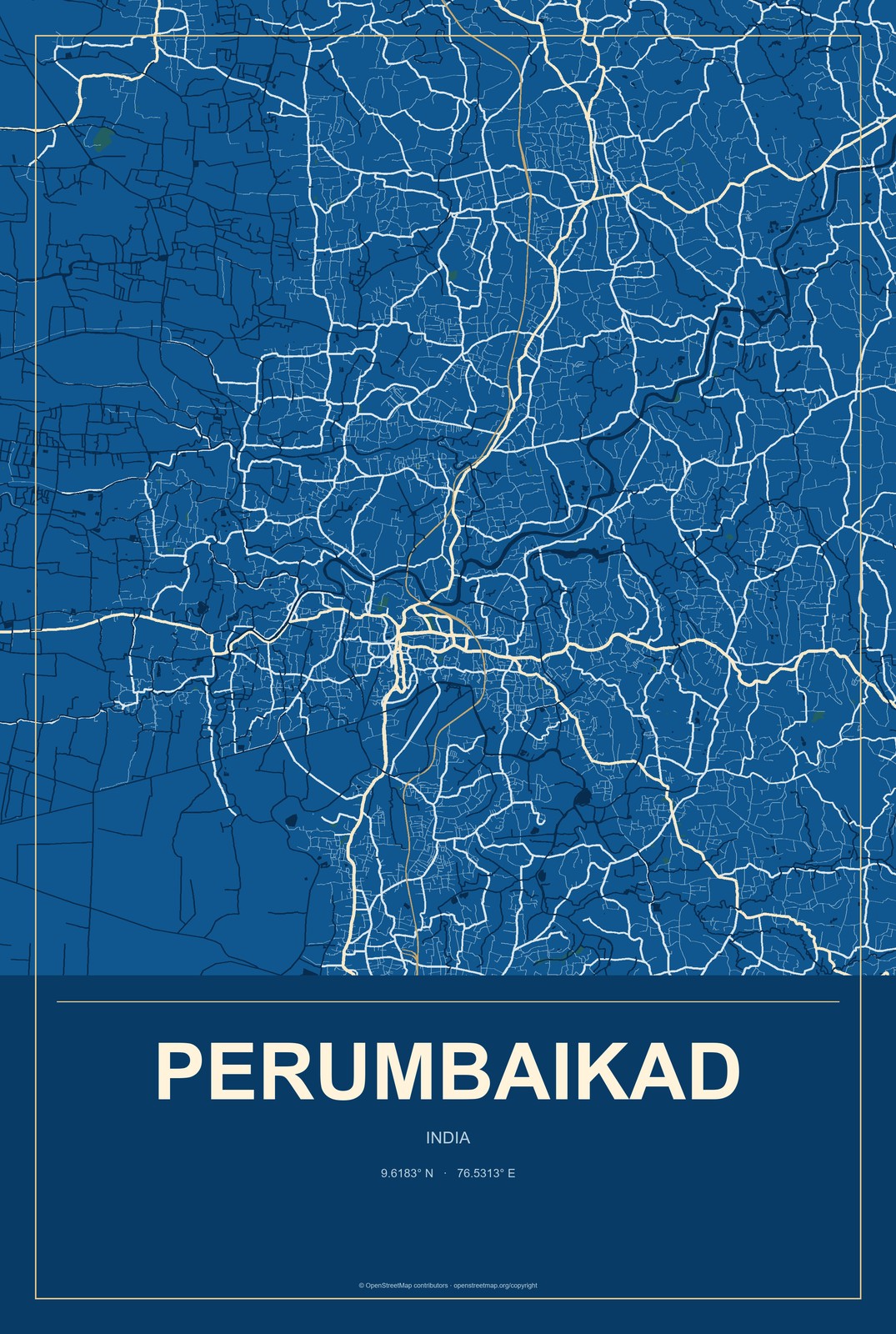 Perumbaikad, India City Map Aluminum Sign in Harbor Cobalt style