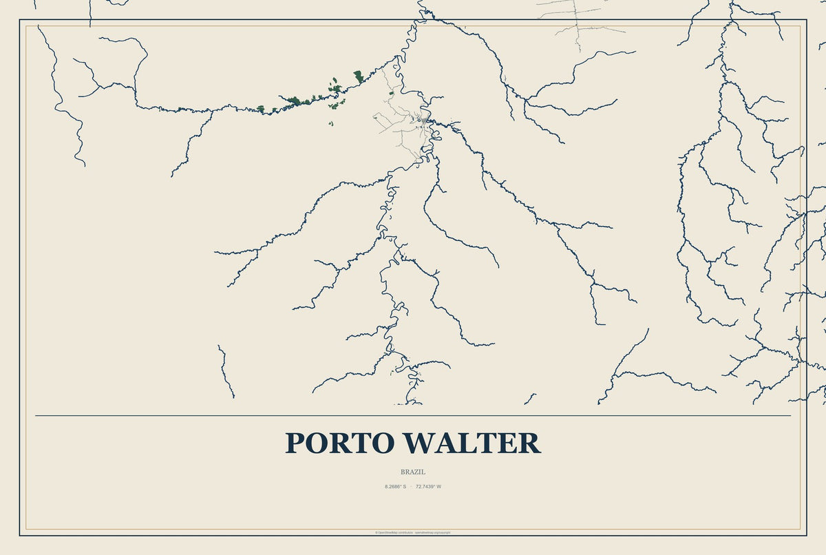 Porto Walter, Brazil City Map Aluminum Sign in Coastal Cutout style