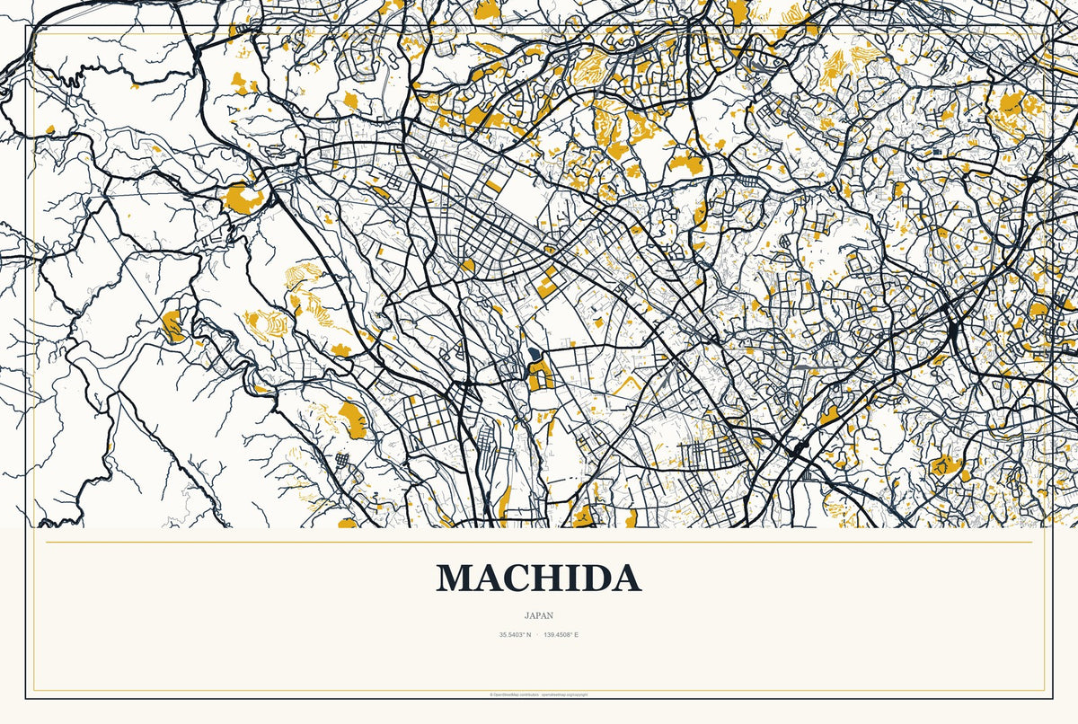 Machida, Japan City Map Aluminum Sign in Citrine Modern style