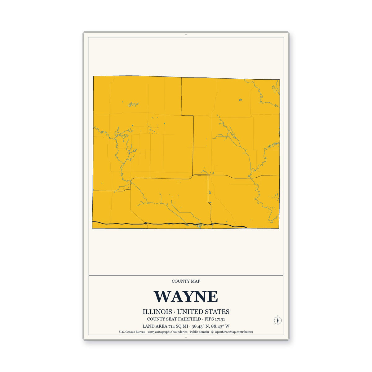 Wayne County, Illinois Map Aluminum Sign in Citrine Modern style