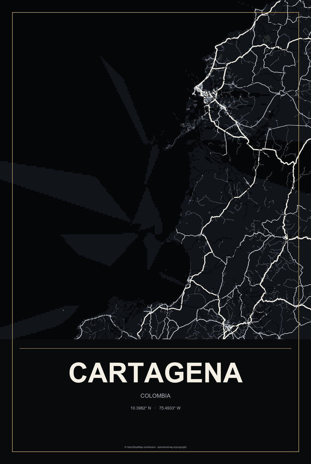 Cartagena, Colombia City Map Aluminum Sign in Metropolitan Noir style