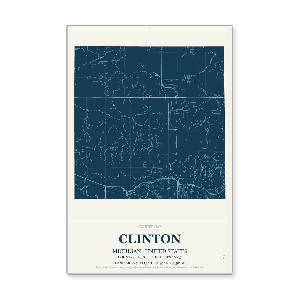 Clinton County, Michigan Map Aluminum Sign in Coastal Cutout style