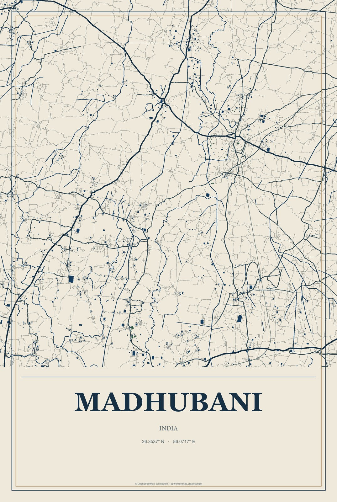 Madhubani, India City Map Aluminum Sign in Coastal Cutout style