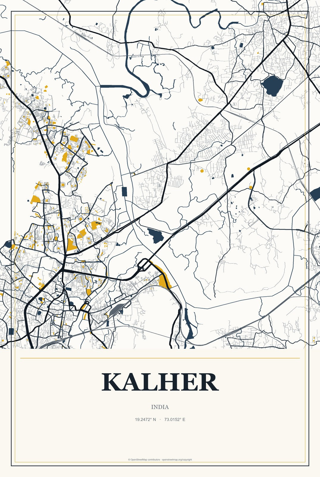 Kalher, India City Map Aluminum Sign in Citrine Modern style