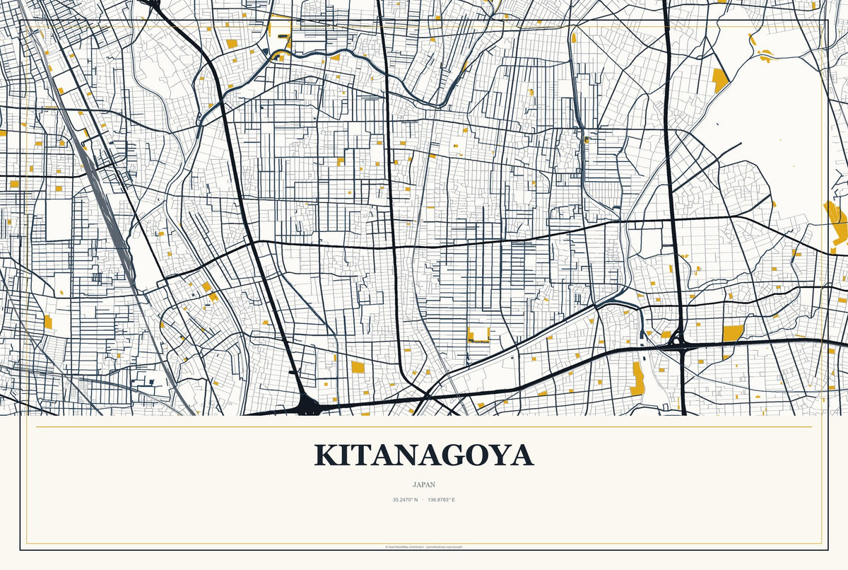 Kitanagoya, Japan City Map Aluminum Sign in Citrine Modern style
