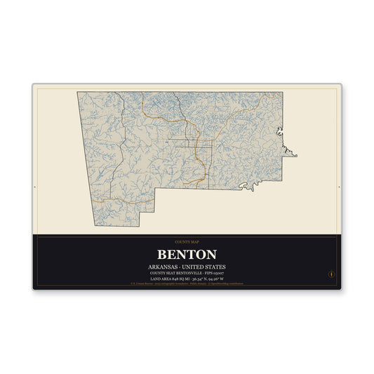 Benton County, Arkansas Map Aluminum Sign in Museum Plaque style