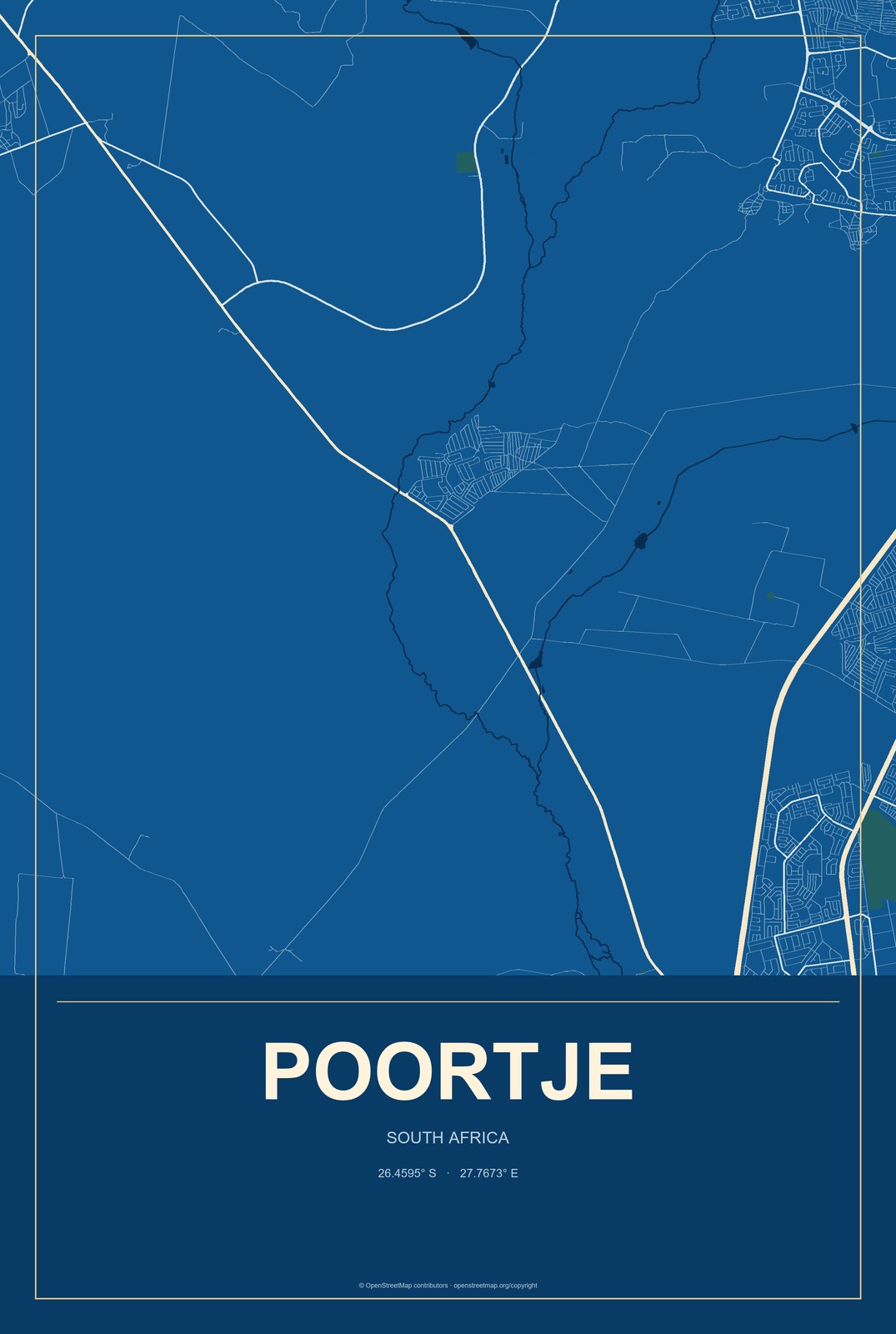 Poortje, South Africa City Map Aluminum Sign in Harbor Cobalt style