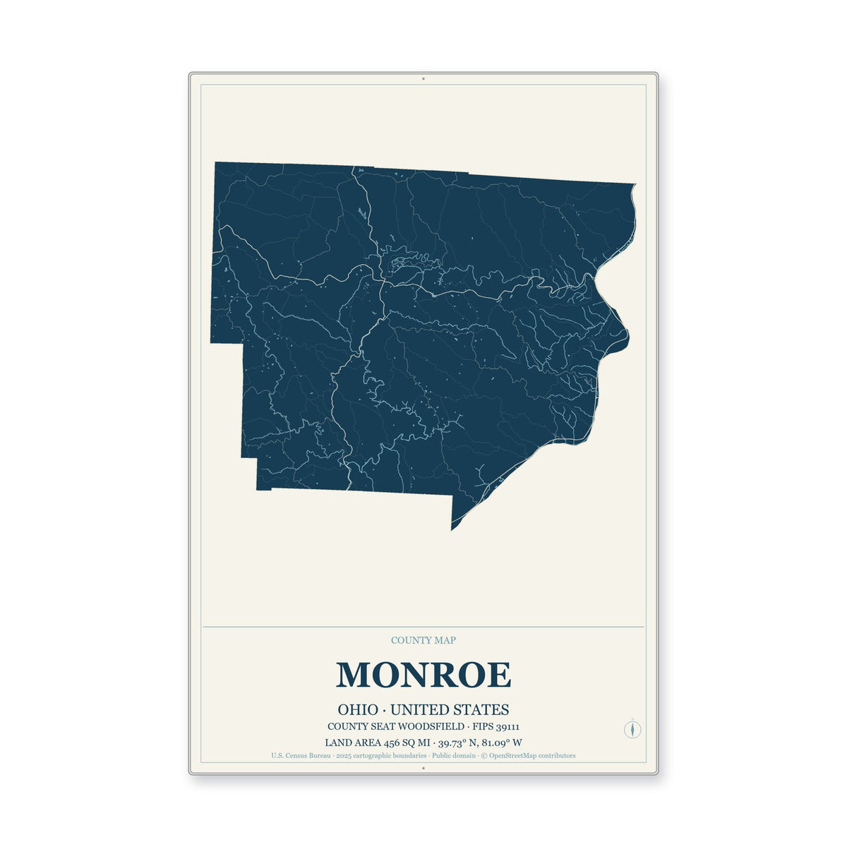 Monroe County, Ohio Map Aluminum Sign in Coastal Cutout style