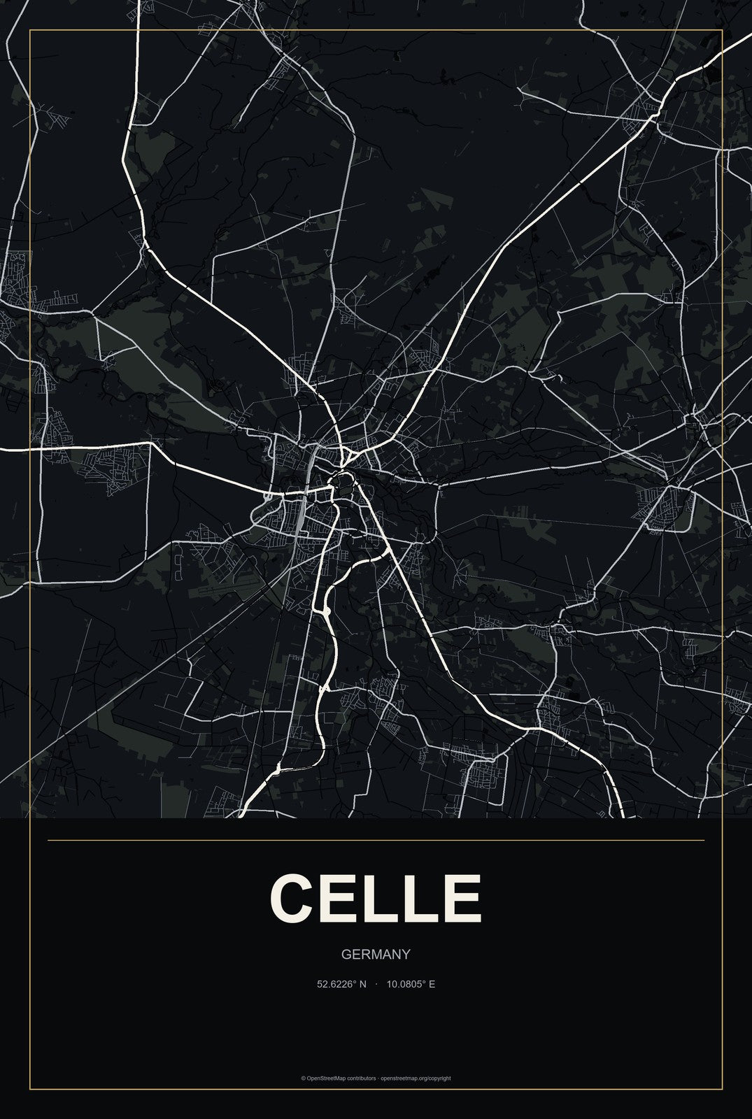 Celle, Germany City Map Aluminum Sign in Metropolitan Noir style