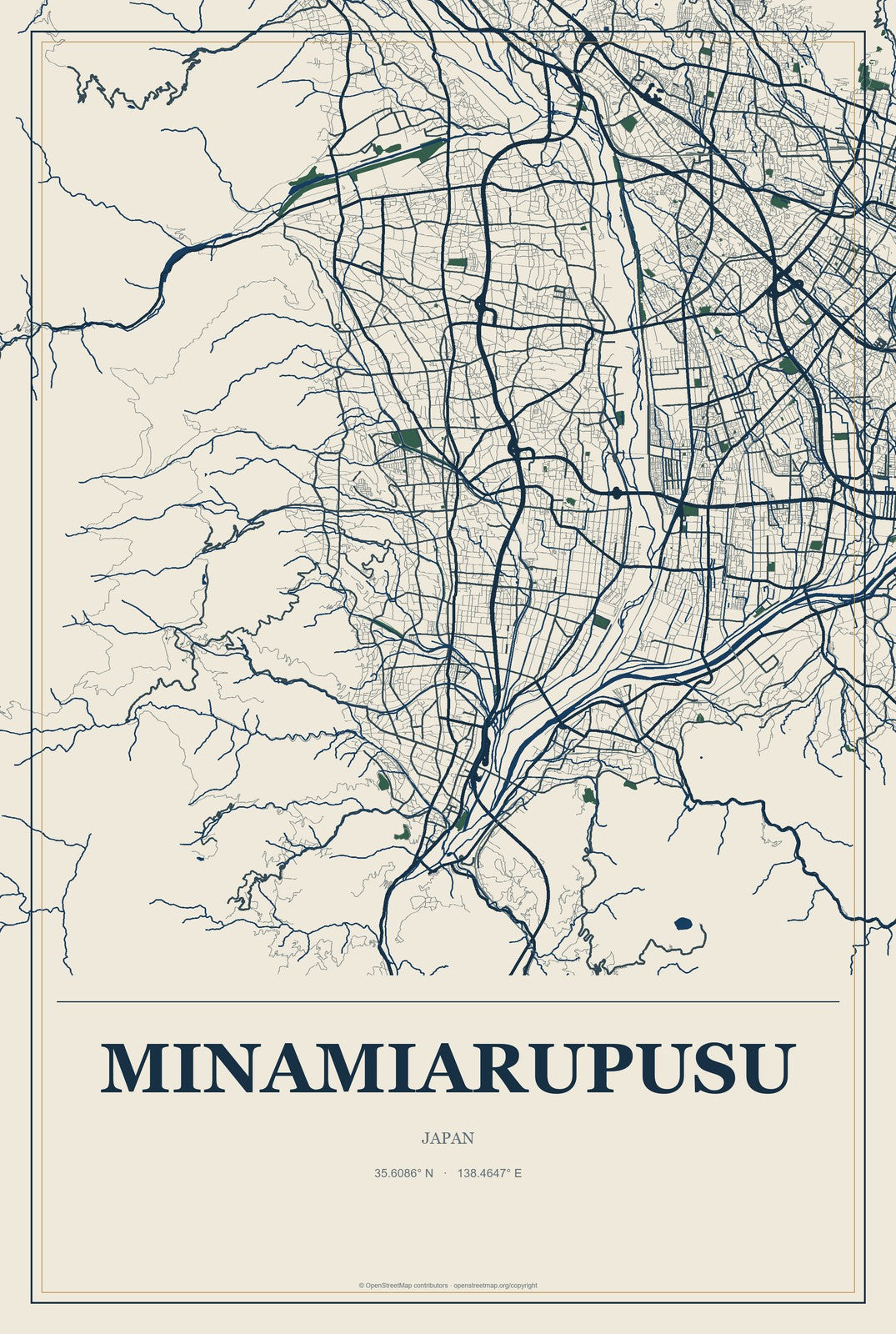 Minamiarupusu, Japan City Map Aluminum Sign in Coastal Cutout style