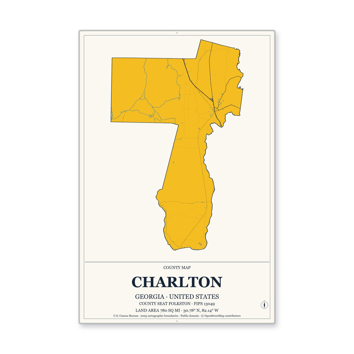 Charlton County, Georgia Map Aluminum Sign in Citrine Modern style
