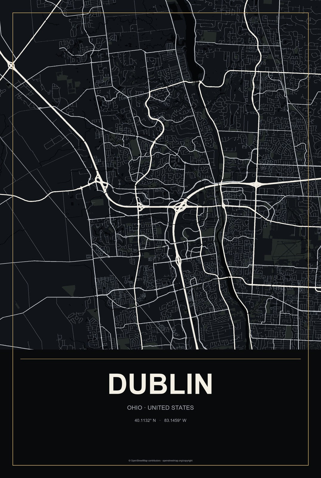 Dublin, Ohio City Map Aluminum Sign in Metropolitan Noir style