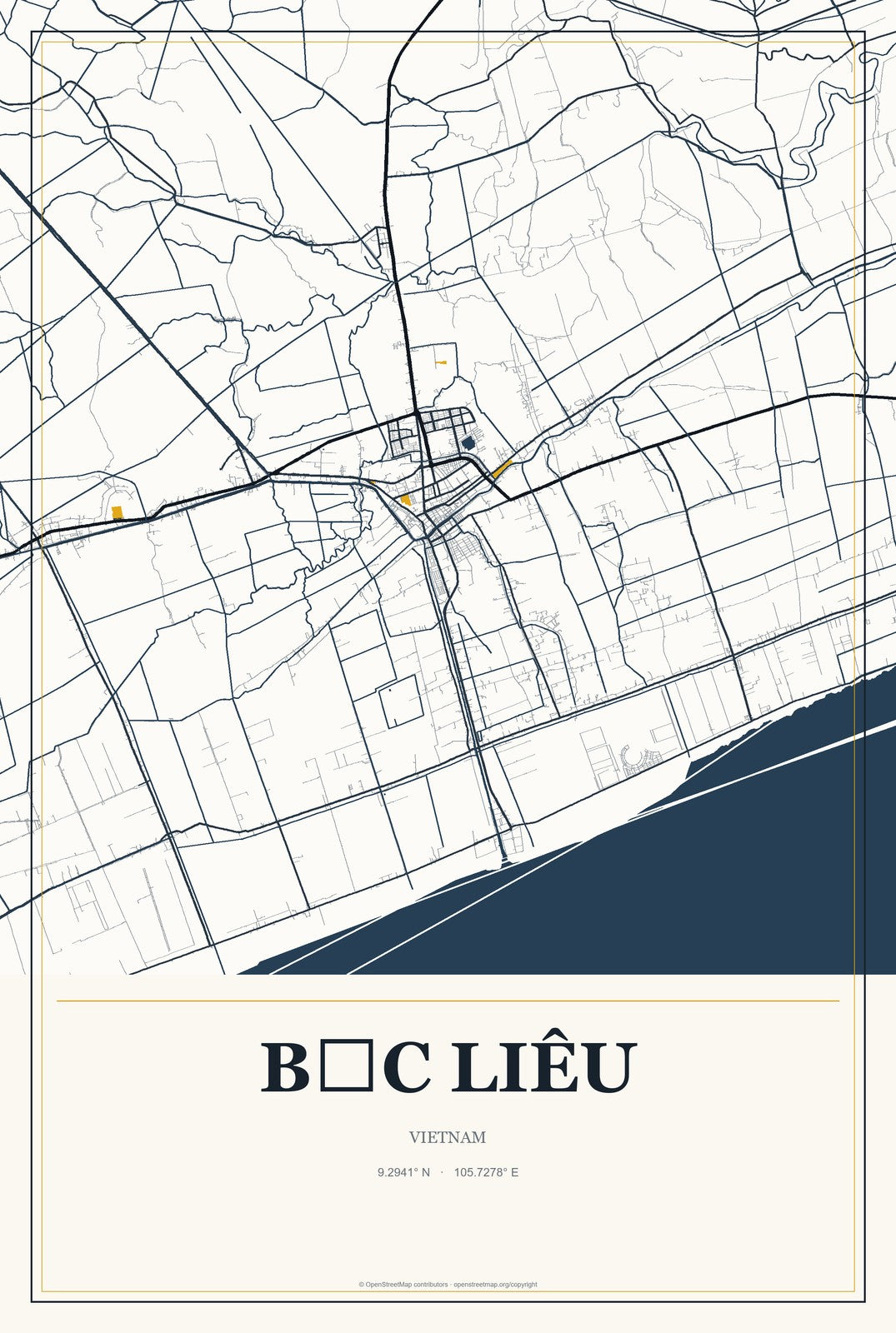 Bạc Liêu, Vietnam City Map Aluminum Sign in Citrine Modern style