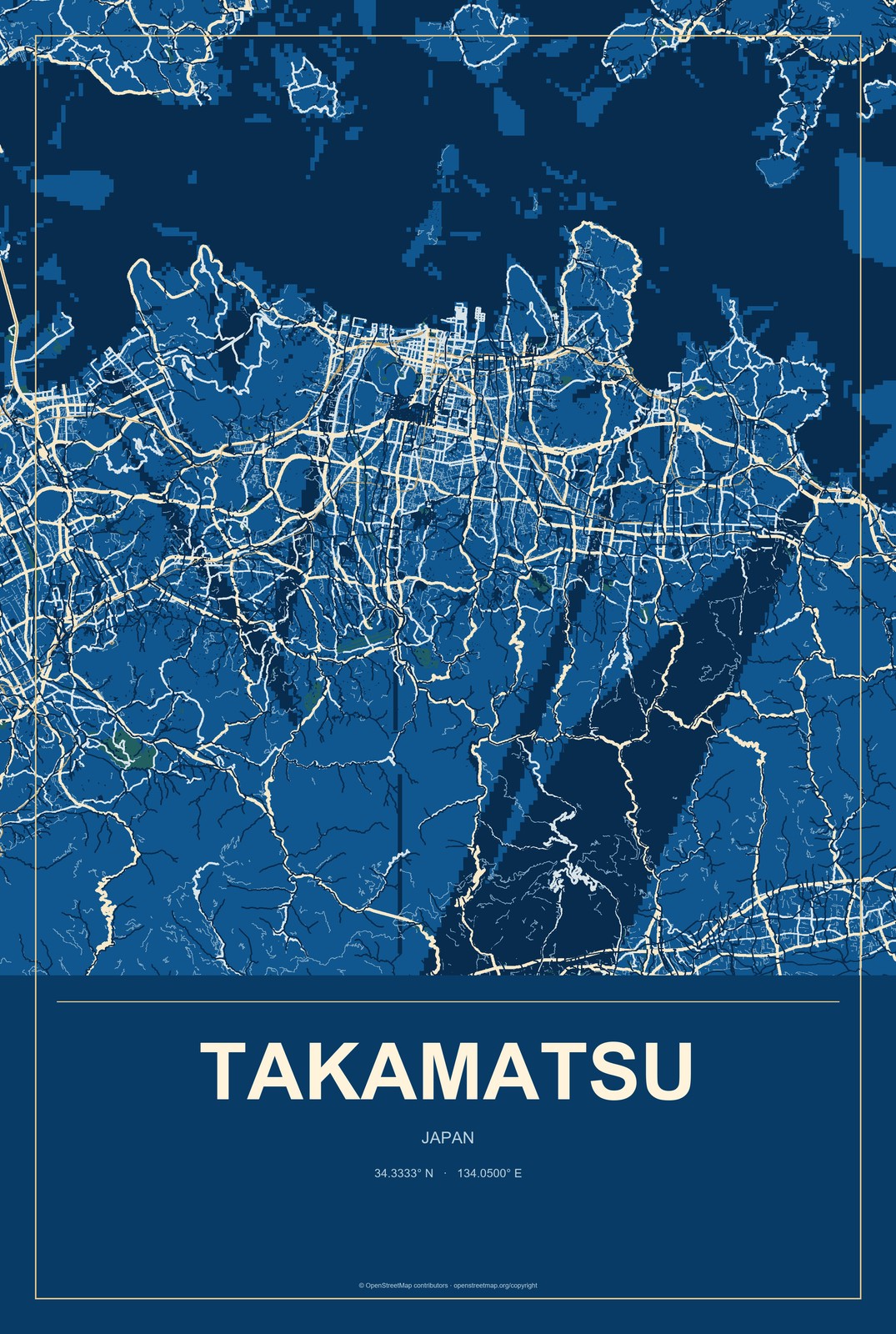 Takamatsu, Japan City Map Aluminum Sign in Harbor Cobalt style