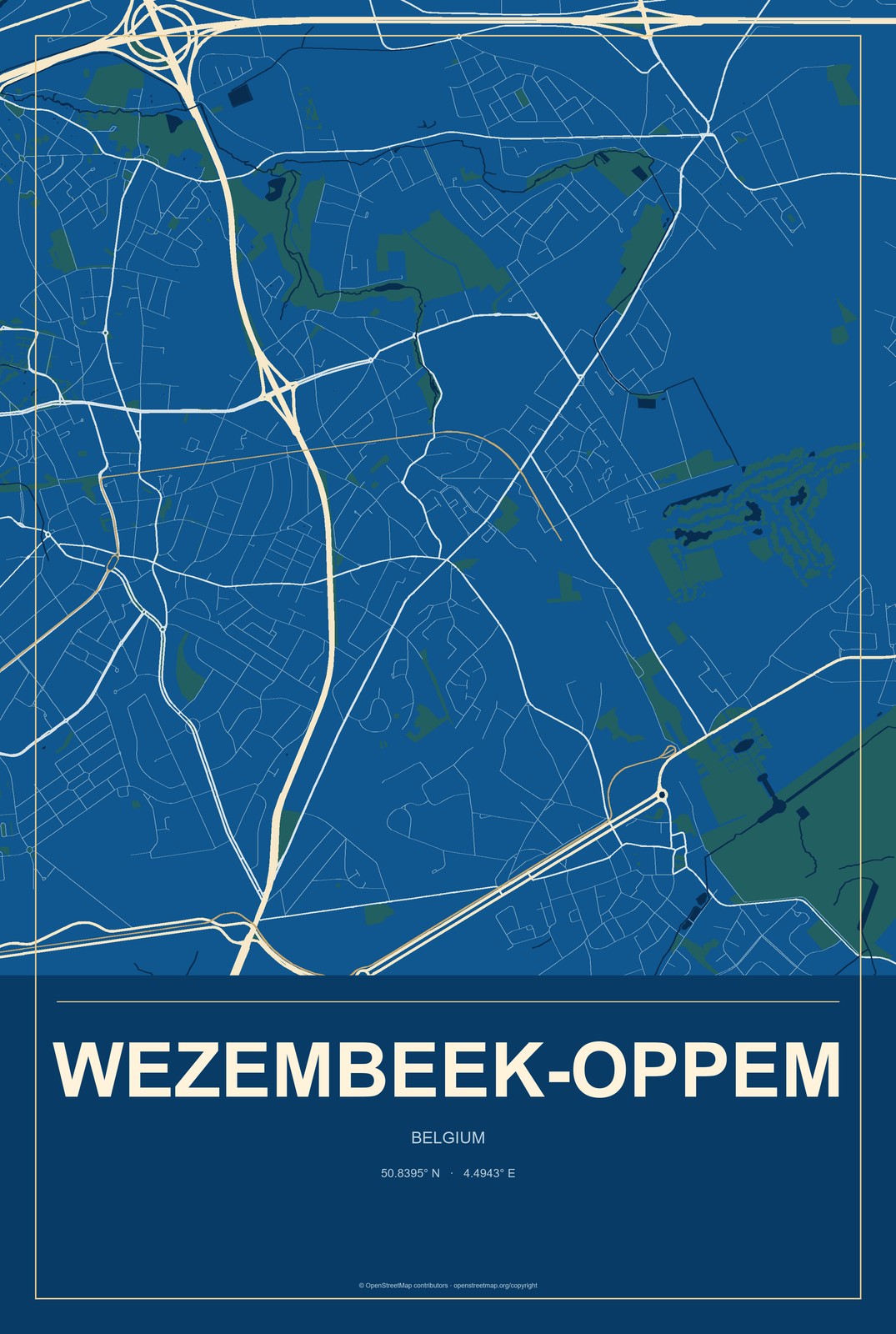 Wezembeek-Oppem, Belgium City Map Aluminum Sign in Harbor Cobalt style