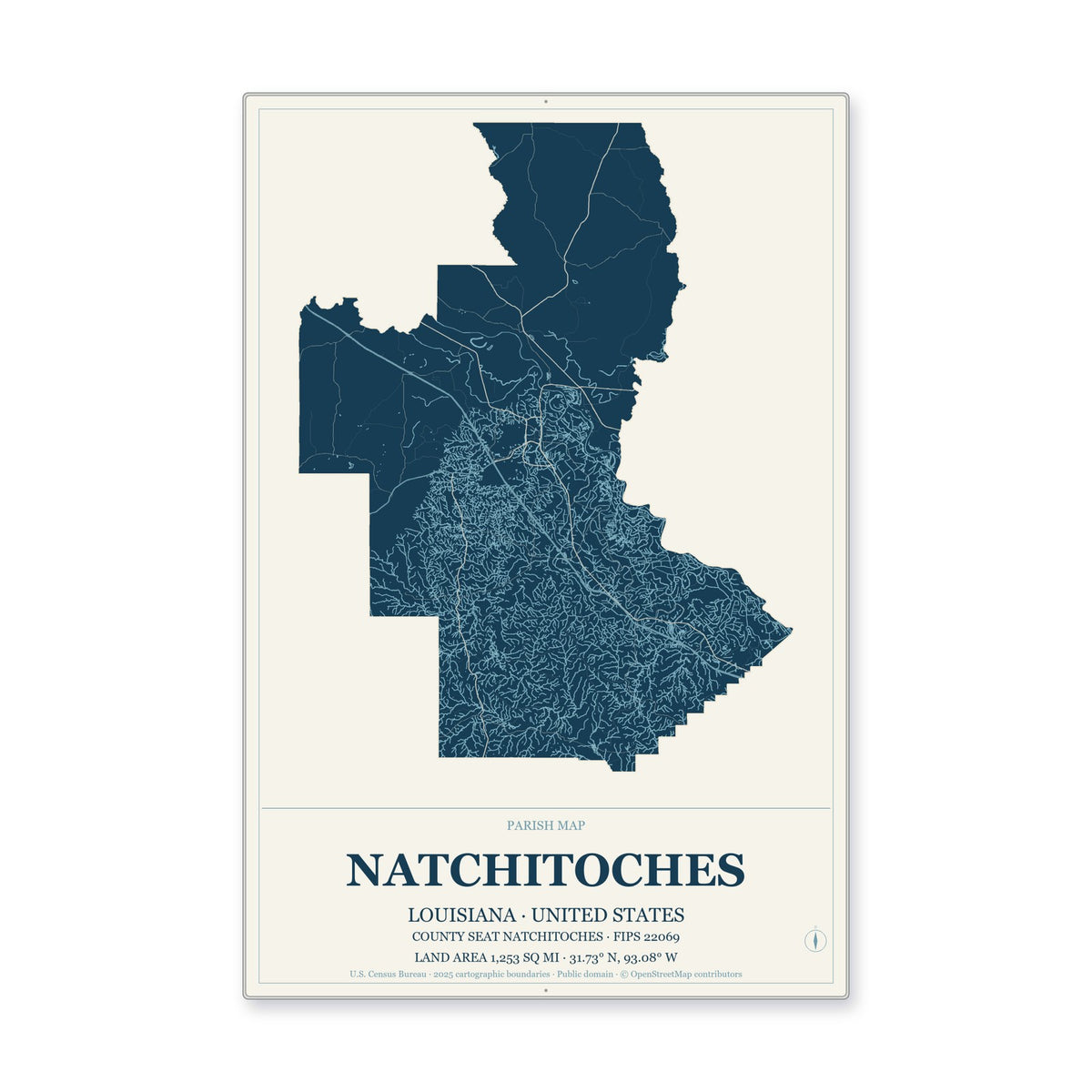 Natchitoches Parish, Louisiana Map Aluminum Sign in Coastal Cutout style