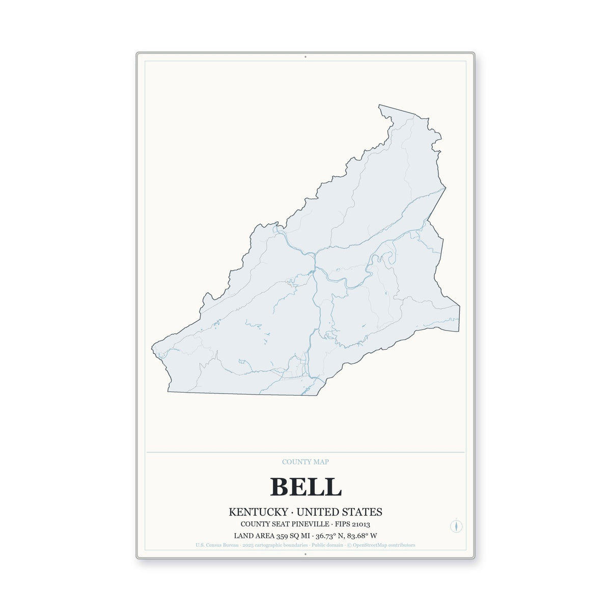 Bell County, Kentucky Map Aluminum Sign in Gallery Air style